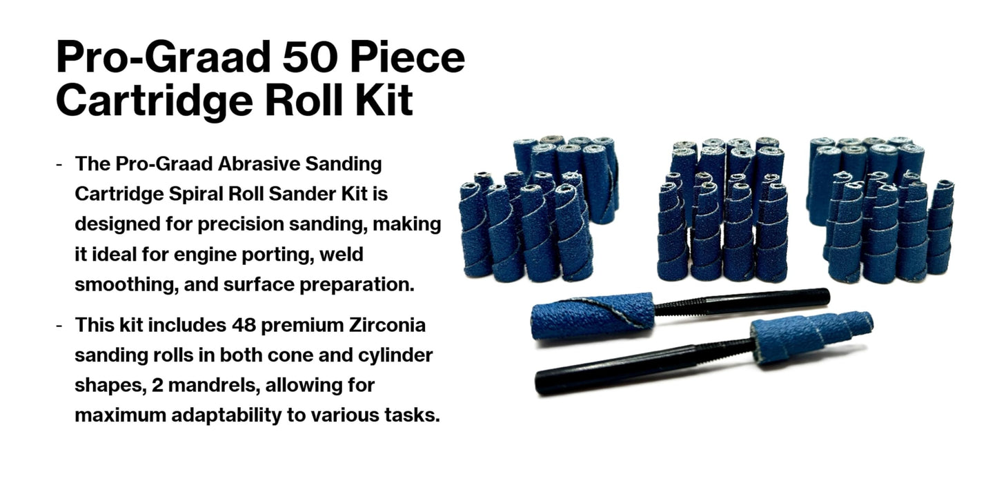 Pro-Graad 50 Piece Zirconia Abrasive Sanding Cartridge Spiral Roll Sander Kit, Mini Cone & Cylinder Kit for Metal, Wood, Stainless, Welds, Engine Porting – Die Grinder & Rotary Tool Accessories
