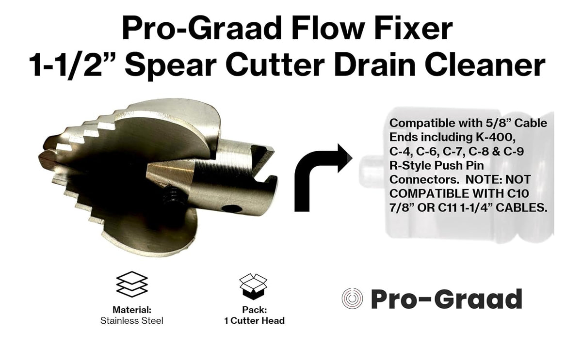 Pro-Graad 1-1/2” Spear Cutter Flow Fixer Drain Cleaner Plumbing Snake Head for 1-3/4” – 3” Pipes, Clears & Scrapes Walls, Compatible with K-400, C-4, C-6, C-7, C-8 & C-9, Commercial & Residential Use