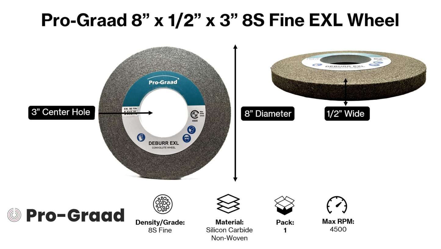 Pro-Graad EXL Deburring Wheel - 8" x 1/2" x 3" 8S Fine Grit - Silicon Carbide - Metal Deburring, Finishing and Polishing Wheel - Convolute - 14629 - (1 Pack)