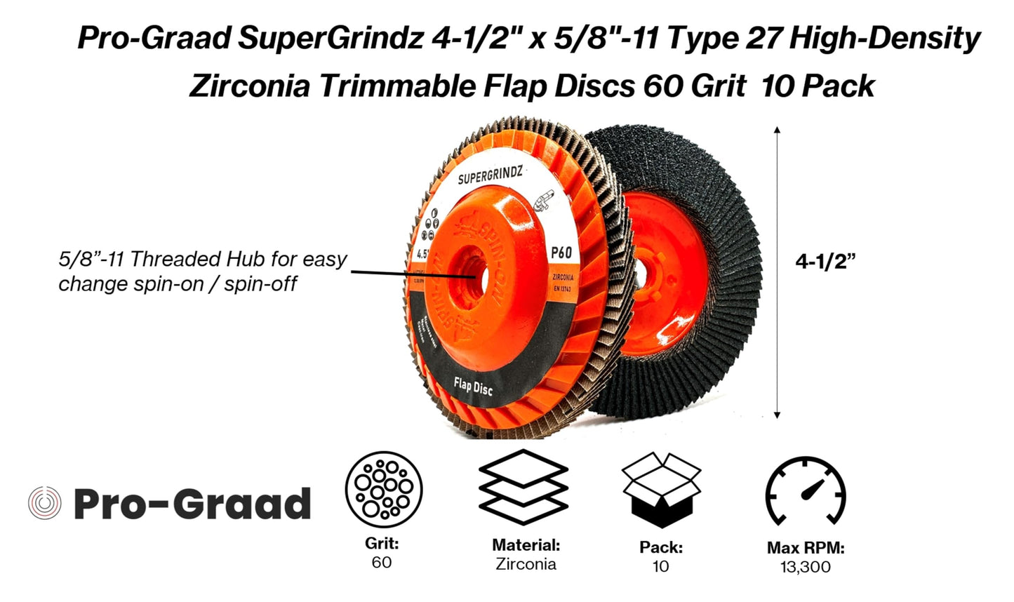 SuperGrindz 10 Pack 4-1/2" x 5/8"-11 60 Grit Type 27 High-Density Zirconia Trimmable Flap Discs for 4.5" & 5" Grinders, 5/8”-11 Fast Change Hub, Sanding, Finishing, Stock & Rust Removal