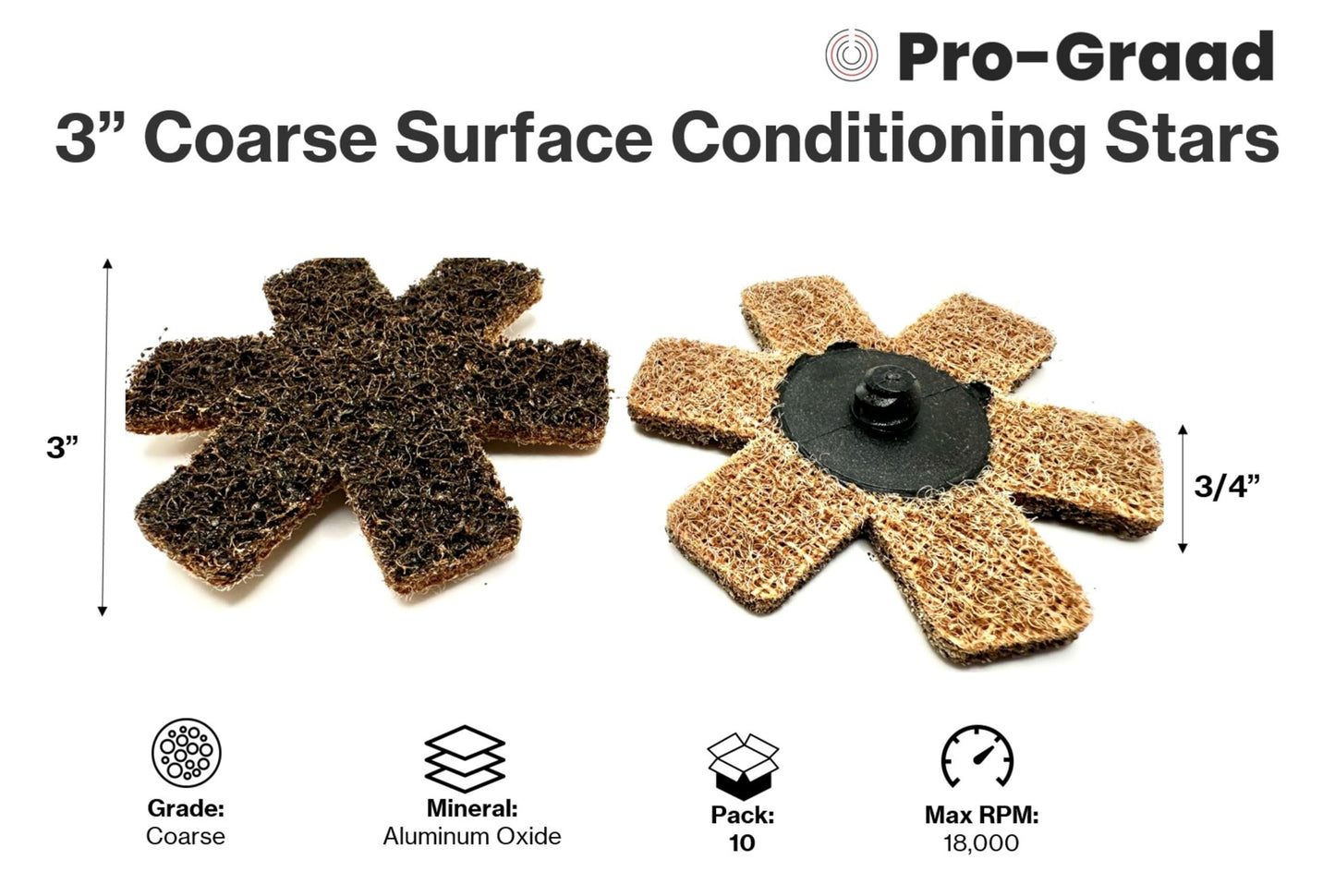 Pro-Graad 10 Pack 3” Coarse Quick Change Surface Conditioning Stars, Ideal for Deburring, Polishing, Blending inside of cylinders, pipe, tubing, Excels on Aluminum, Steel, Titanium - Includes Holder