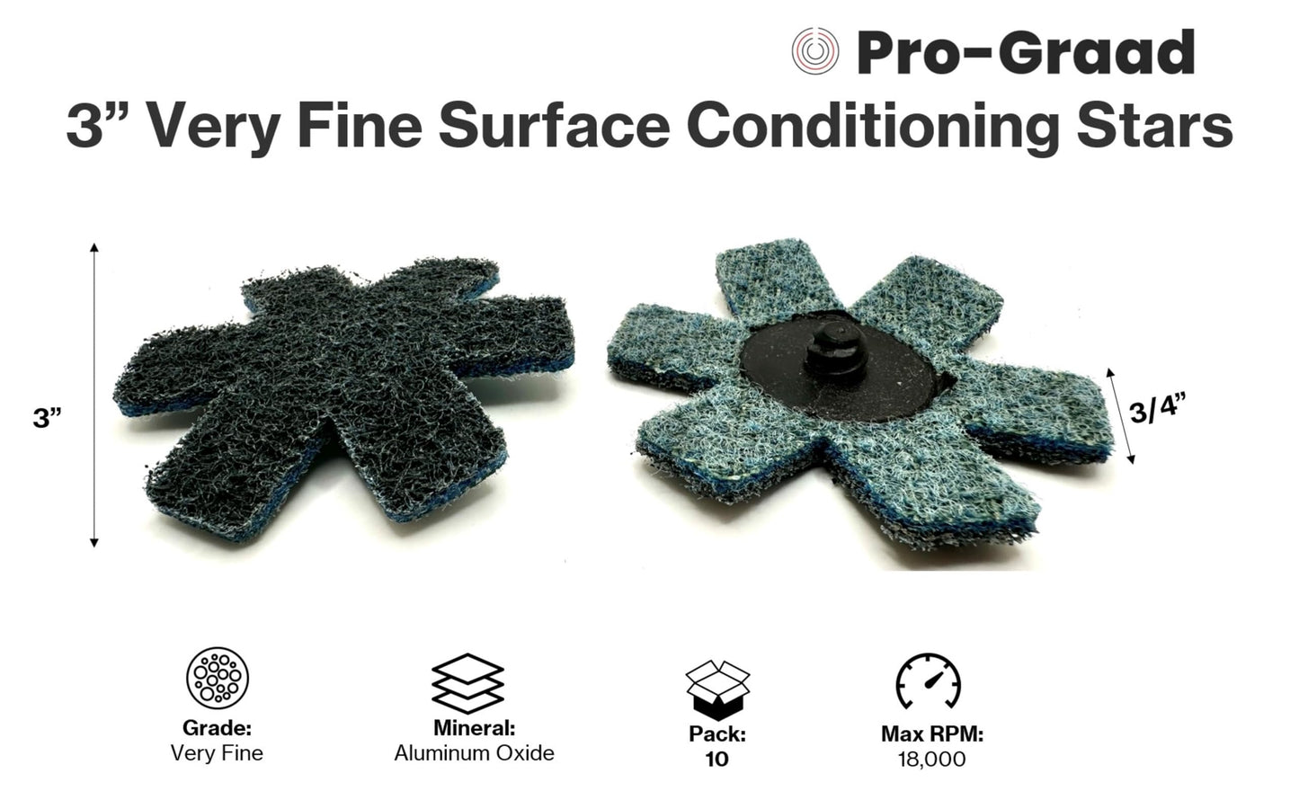 Pro-Graad 10 Pack 3” Very Fine Quick Change Surface Conditioning Stars, Ideal for Deburring, Polishing, Blending inside of cylinders, pipe, tubing, for Aluminum, Steel, Titanium - Includes Holder