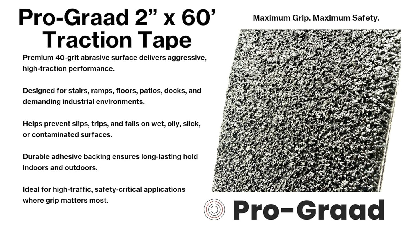 Pro-Graad Anti Slip Traction Tape 2" x 60 Foot, Black, Extra Coarse 40 Grit, Indoor/Outdoor Heavy Duty Safety Tape-Stairs, Steps, Boats, Docks, Ramps & More. Strong Adhesive Non Skid Treads (2” X 60’)