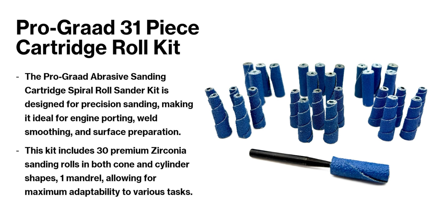 Pro-Graad 31 Piece Zirconia Abrasive Sanding Cartridge Spiral Roll Sander Kit, Mini Cone & Cylinder Kit for Metal, Wood, Stainless, Welds, Engine Porting – Die Grinder & Rotary Tool Accessories