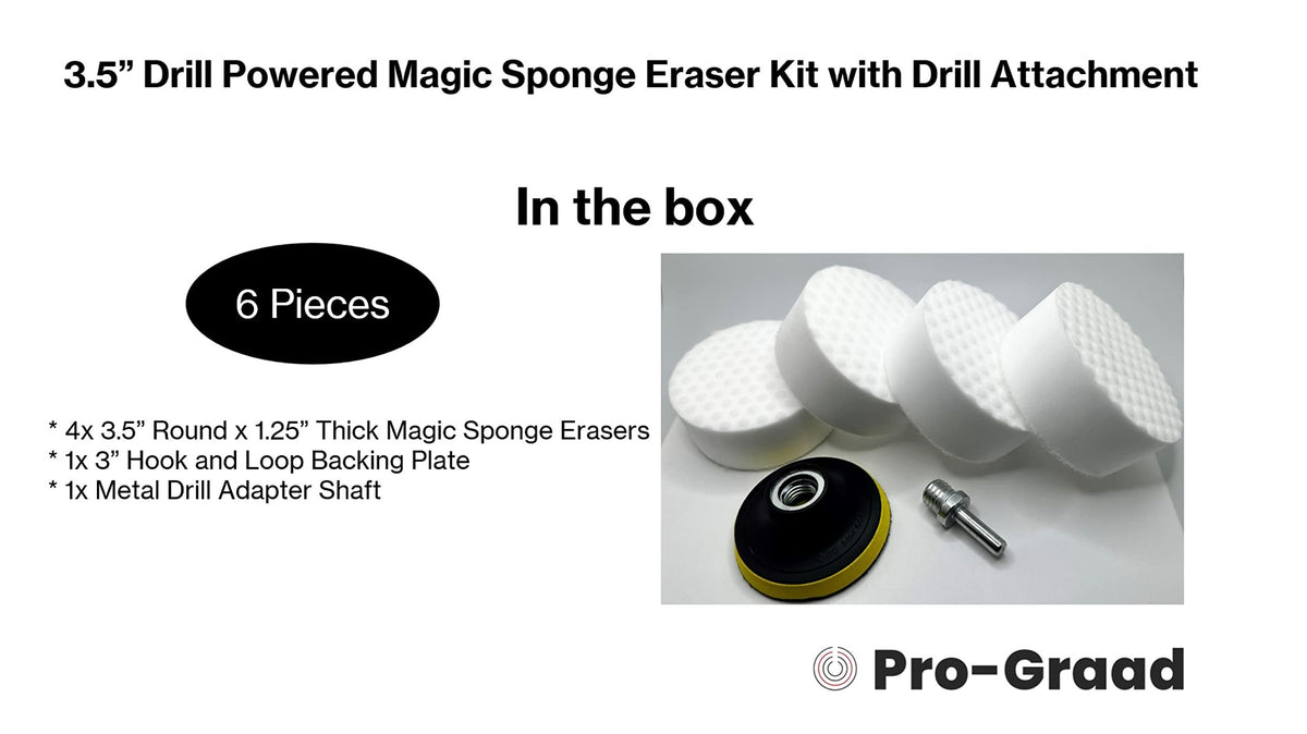 3.5” Drill Powered Magic Sponge Eraser 6 Pieces Kit with Drill Attachment | 25% Thicker Ultra Durable Melamine Cleaning Eraser Pads for Bathroom Kitchen Floors Walls Baseboards Crayon Marker and more