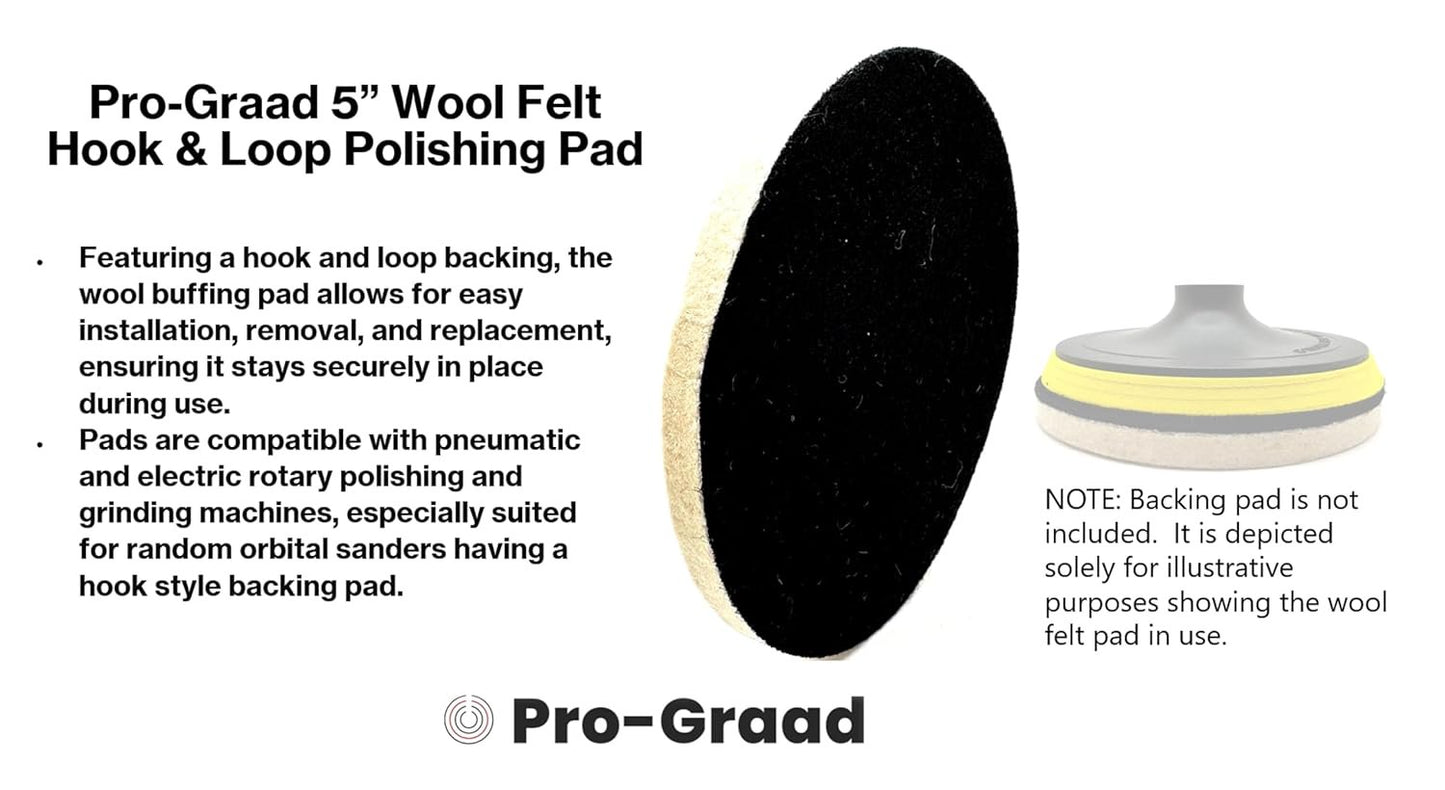 Pro-Graad 5" Wool Polishing Pads, 3pcs Wool Felt Polishing Pad Buffing Wheels Flocking Hook & Loop Backing for Random Orbital Sander, Pack of 3