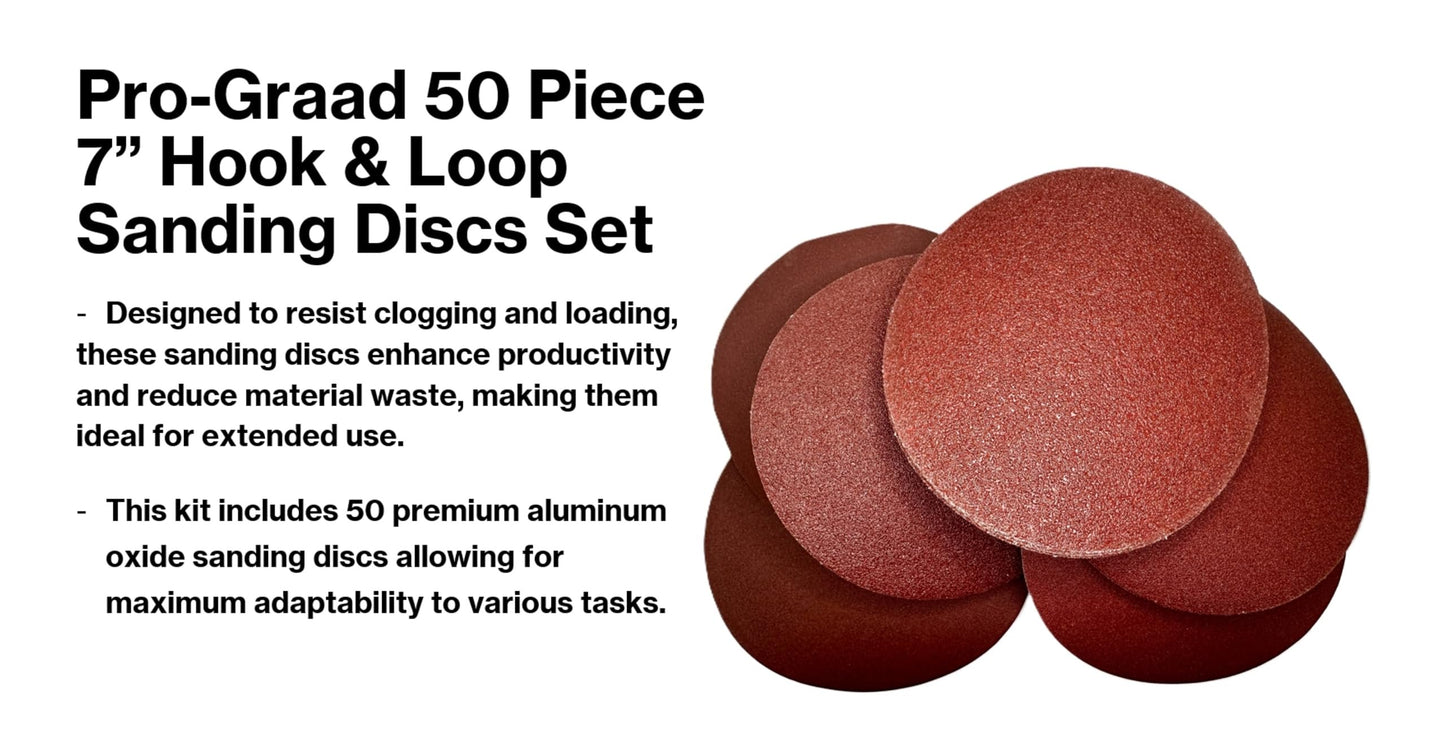 Pro-Graad 50PCS 7" Sanding Discs – 60/80/120/180/240 Grits, Hook & Loop, No-Hole, Aluminum Oxide for Drywall, Floor, Wood, Metal, Fiberglass – Durable, Fast Cutting, Clog-Resistant Sandpaper Set