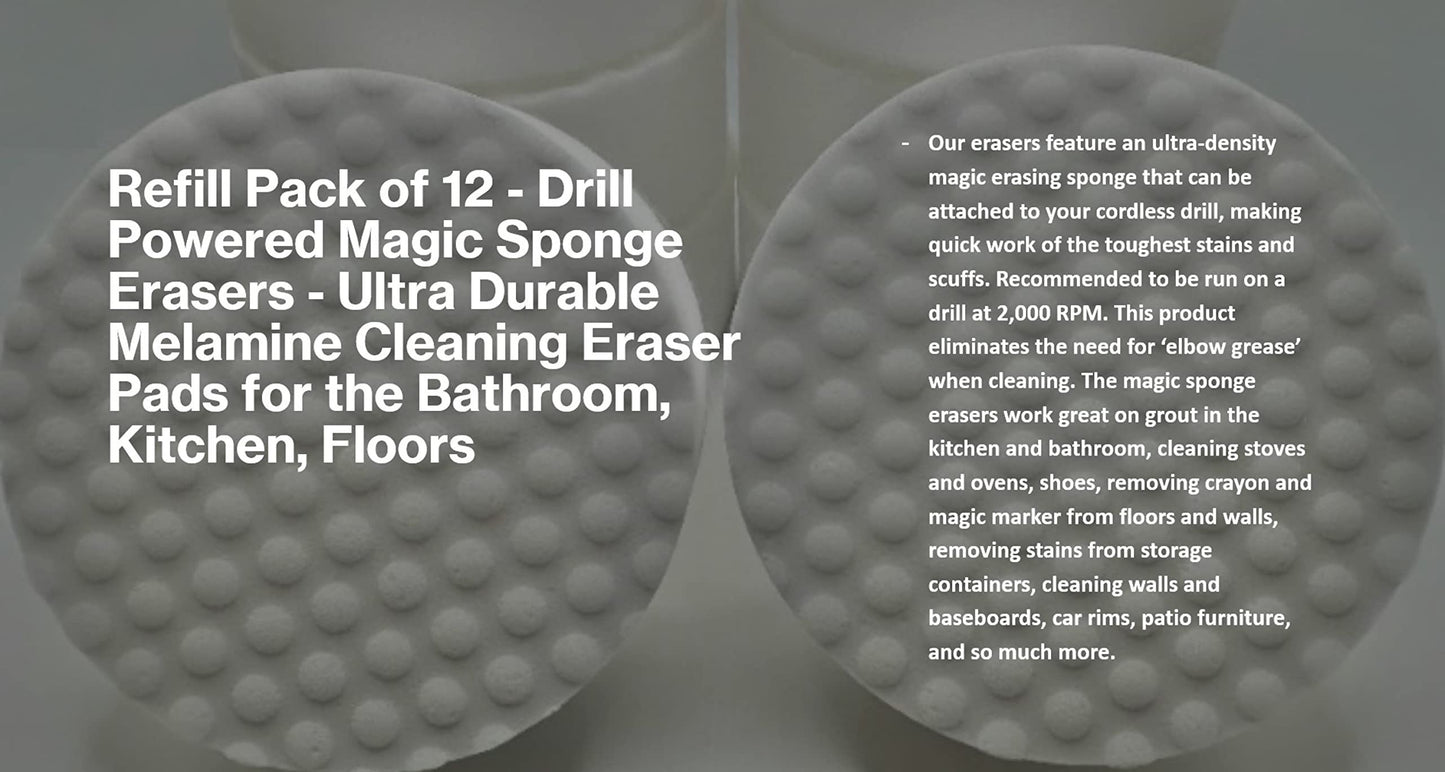 Refill Pack of 12 Drill Powered XL 4.5” Magic Sponge Erasers | Compatible with RotoEraser | 25% Thicker Ultra Durable Melamine Cleaning Eraser Pads for Bathroom Kitchen Floors Round 4.5" x 1.25" Thick
