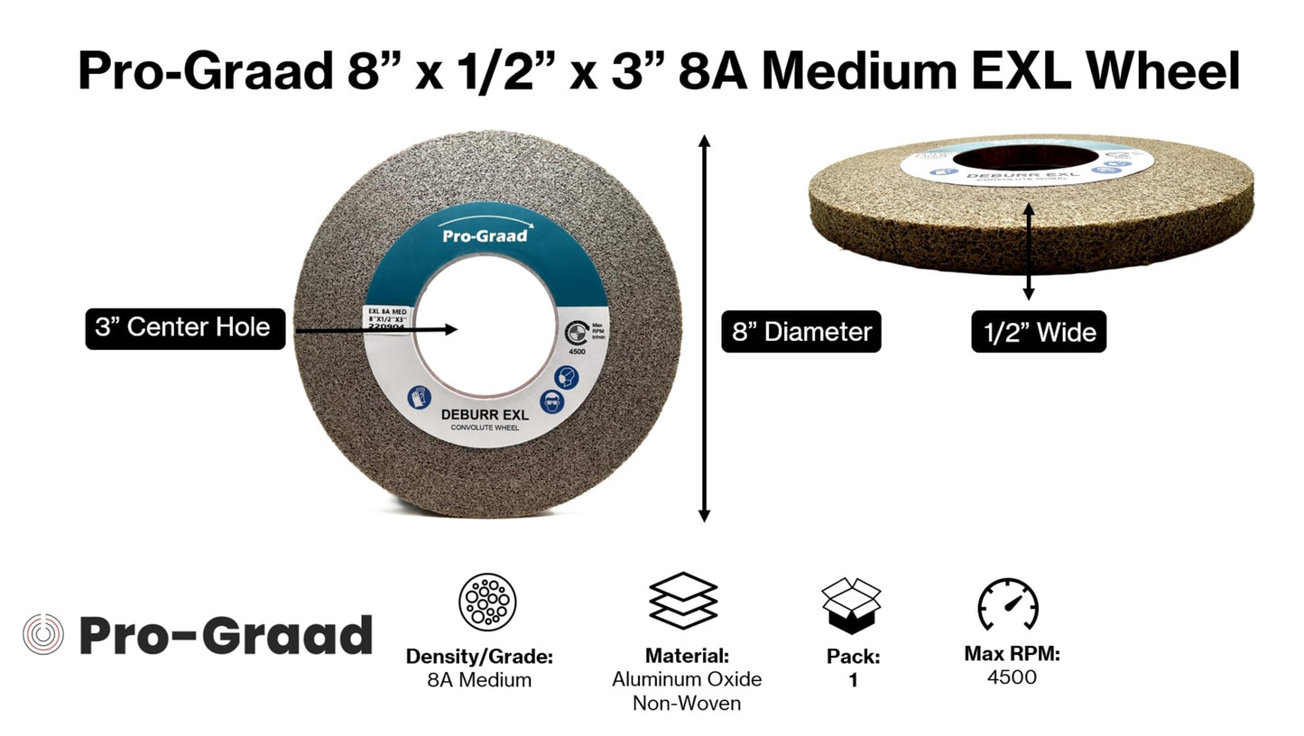 Pro-Graad EXL Deburring Wheel - 8" x 1/2" x 3" 8A Medium Grit - Silicon Carbide - Metal Deburring, Finishing and Polishing Wheel - Convolute - 17459 - (1 Pack)