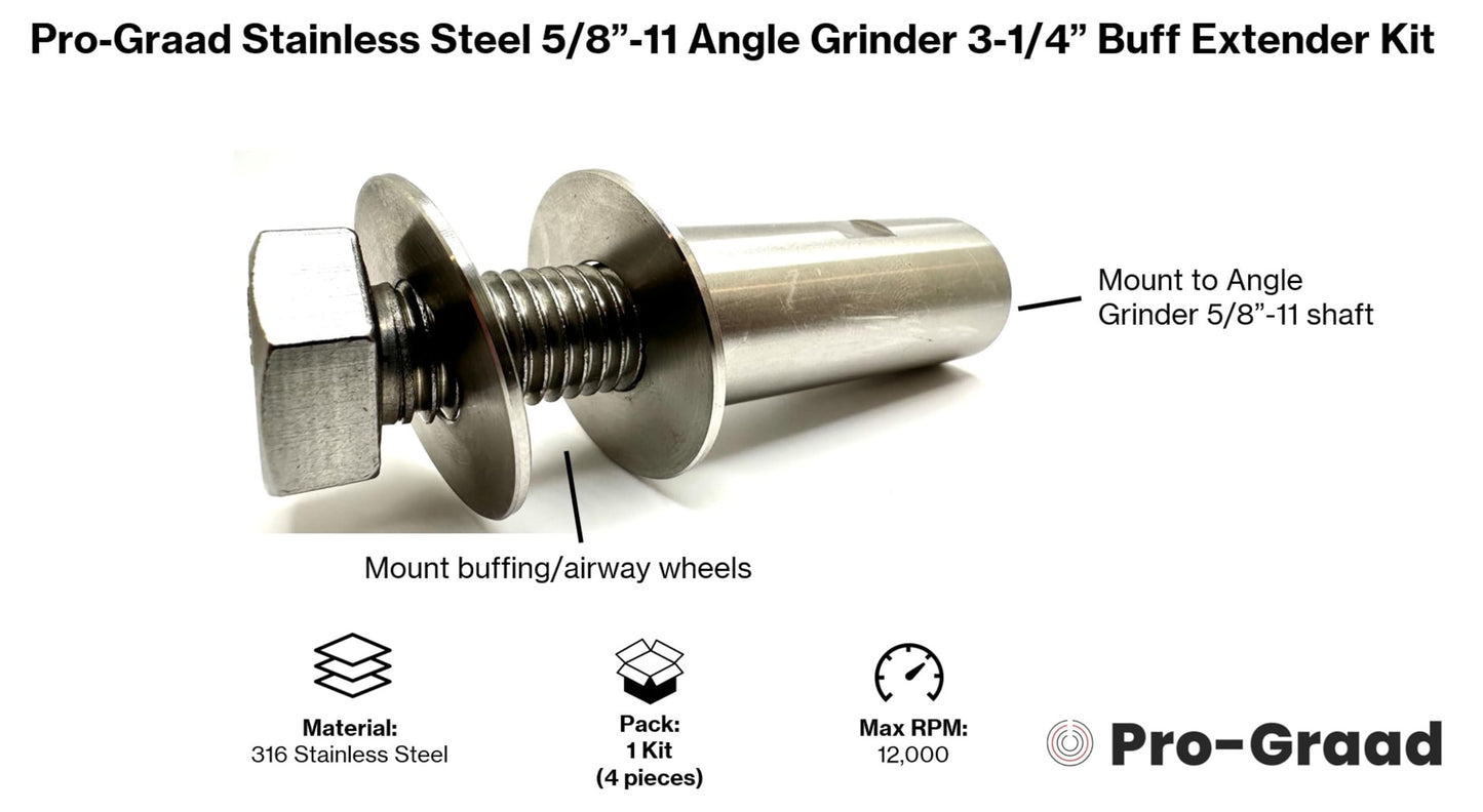 Pro-Graad Stainless Steel 5/8”-11 Angle Grinder Buff Extender Kit, Airway Buffing Polishing Wheel 3-1/4” Extension Shaft, Threaded Arbor Extension Adapter, for Angle Grinders