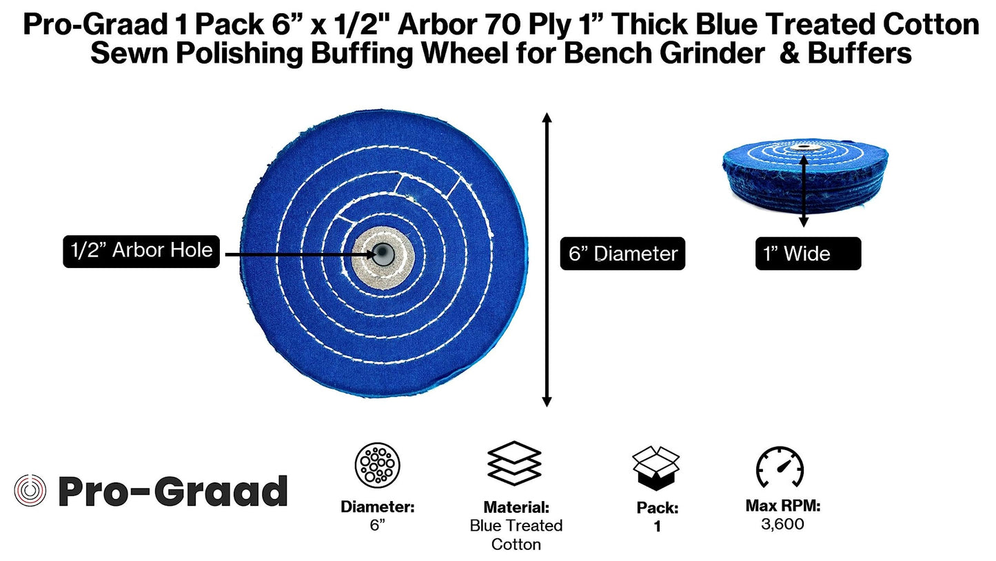 Pro-Graad 1 Pack Extra Thick Buffing Polishing Wheel 6 inch Blue Treated Cotton Medium, 70 Ply – 1” Thick with 1/2 inch Arbor Hole for Bench Grinder – Ideal for Middle Step Buffing – Pack of 1