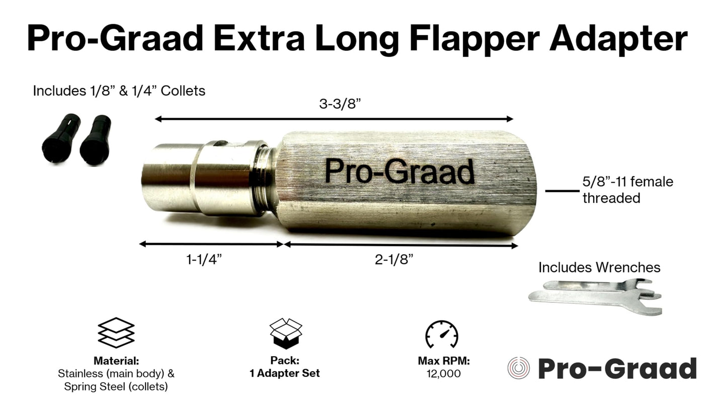Pro-Graad Angle Grinder Flapper Adapter | 3-3/8” Extended Reach 5/8”-11 Thread Rotary Tool Adapter with 1/8” & 1/4” Collets | Converts Angle Grinders for Grinding, Sanding, Polishing, Cutting