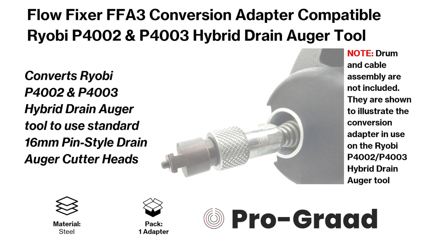 Flow Fixer FFA3 Conversion Adapter Compatible Fit Ryobi Hybrid Drain Auger P4002 & P4003. Enables use of standard 16mm pin-style drain auger cutter heads for increased versatility and performance