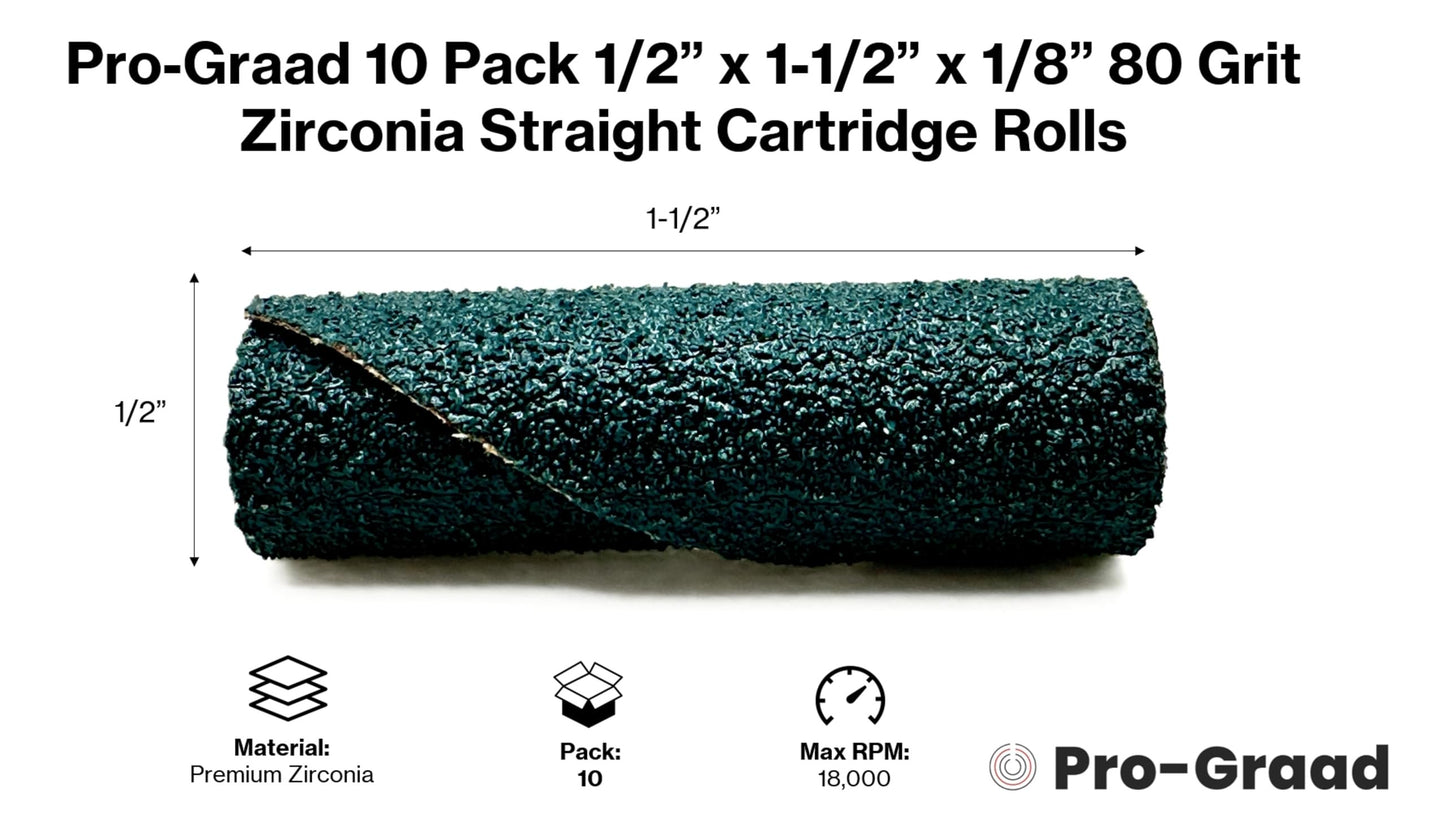 Pro-Graad 1/2” Diameter x 1-1/2” Length x 1/8” Pilot Hole 80 Grit Zirconia Straight/Untapered Cartridge Roll, 10 Pack, Includes 1x CR-9 Mandrel