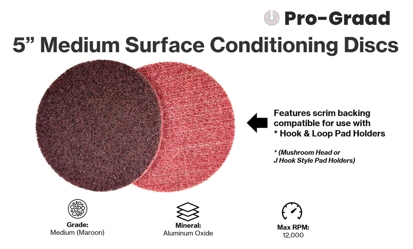 Pro-Graad 5" AMED Hook & Loop Surface Conditioning Discs, 10 Pack, Maroon, Medium Grit - Aluminum Oxide, for Metal Surface Prep Sanding Polishing Deburring Cleaning - Easy Attachment, 00643