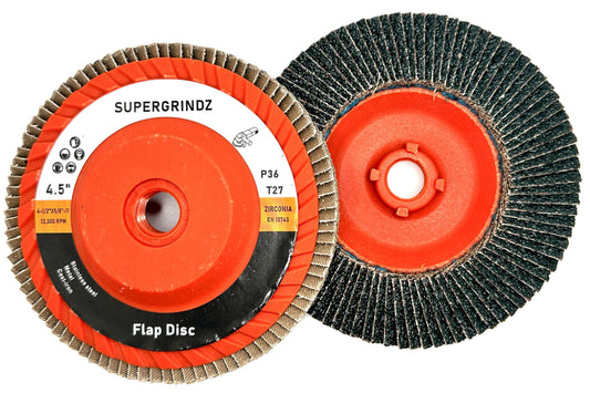SuperGrindz 10 Pack 4-1/2" x 5/8"-11 36 Grit Type 27 High-Density Zirconia Trimmable Flap Discs for 4.5" & 5" Grinders, 5/8”-11 Fast Change Hub, Sanding, Finishing, Stock & Rust Removal