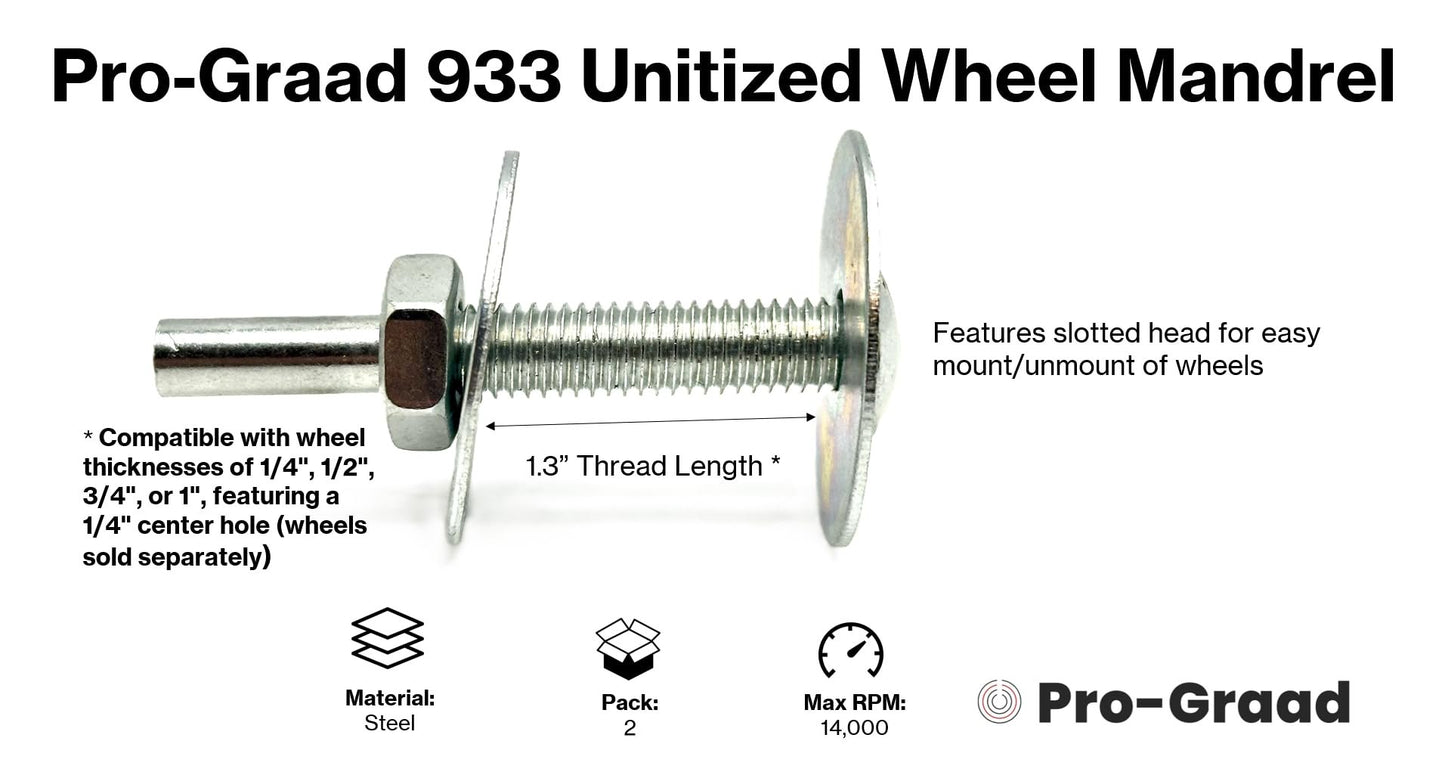 Pro-Graad 2 Pack 933 Unitized Wheel Mandrel, 2” x 1/4” x 1-1/4”, for attaching 2” – 4” Diameter – 1/4” Center Hole Buffing, Polishing, Unitized Wheels to Rotary Tools, Pack of 2