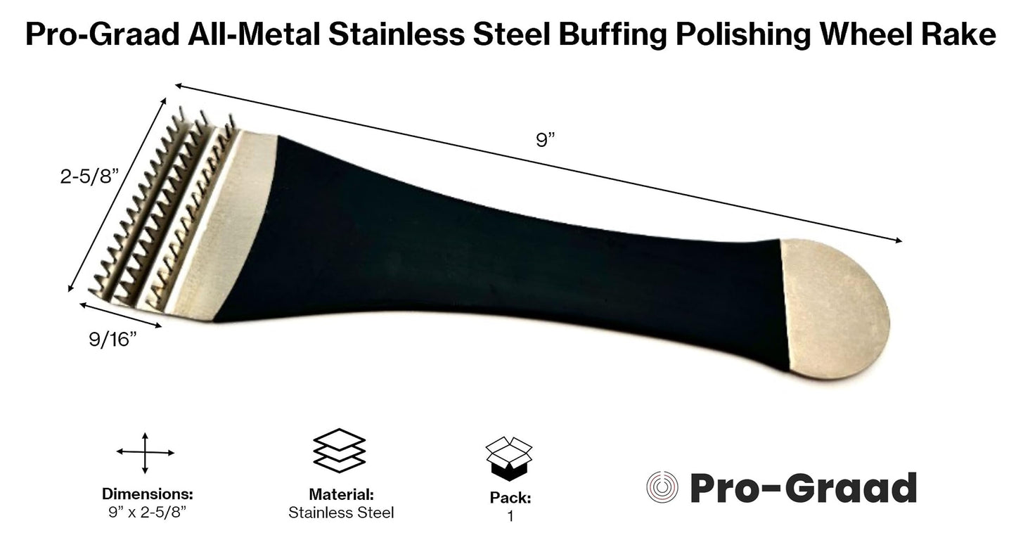 Pro-Graad All Metal Buff Rake | Stainless Steel Buffing Polishing Wheel Rake 9” L, 2-5/8” W, Rubberized Handle, for Removing & Cleaning Compound Residual and Metal from Buffing & Polishing Wheels