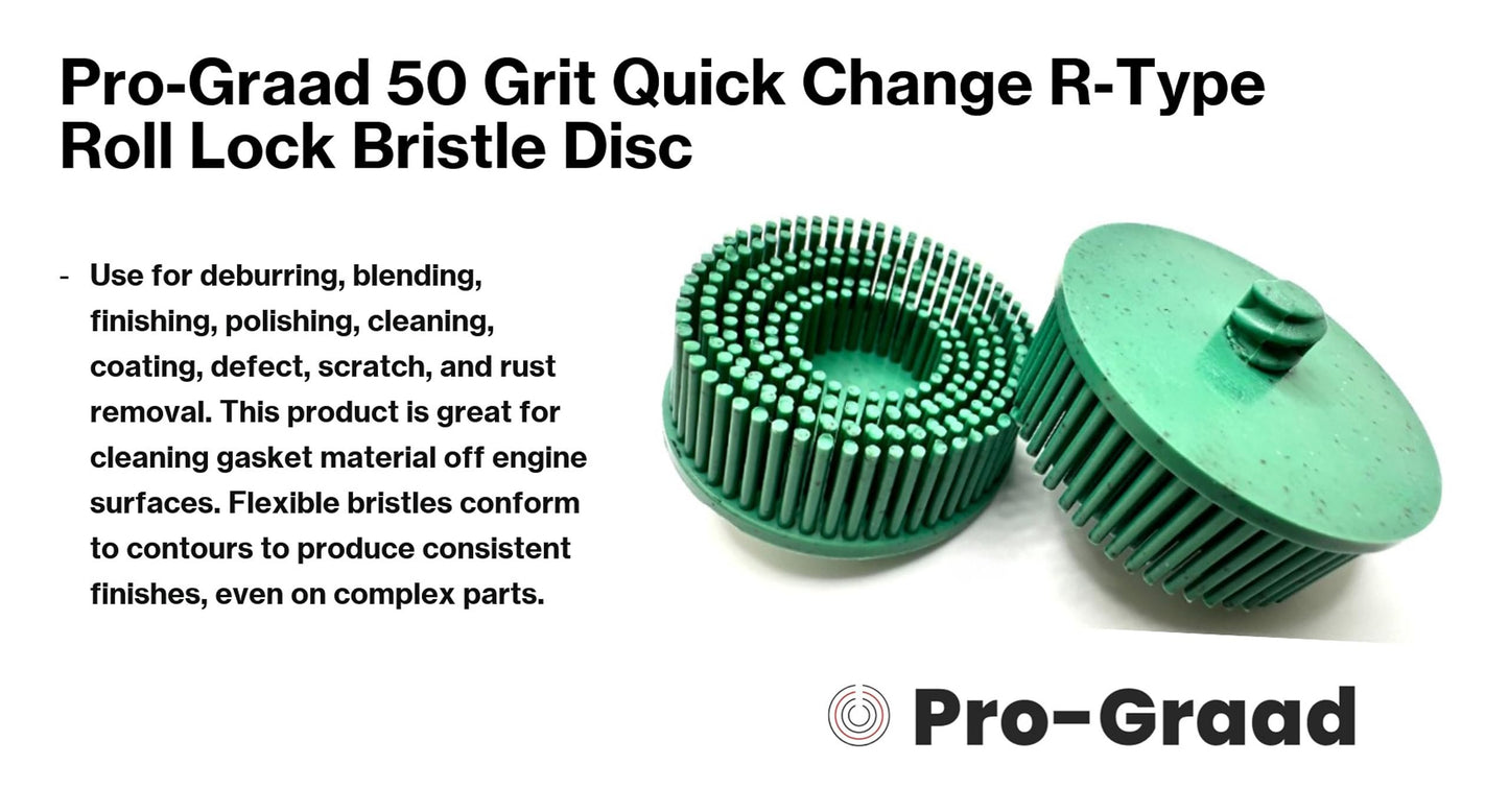 Pro-Graad 10 Pack 2" 50 Grit Green R-Type Bristle Disc | Ceramic-Aluminum Oxide Abrasive Bristle Disc with Quick Change Roll Lock | Pack of 10 | Green