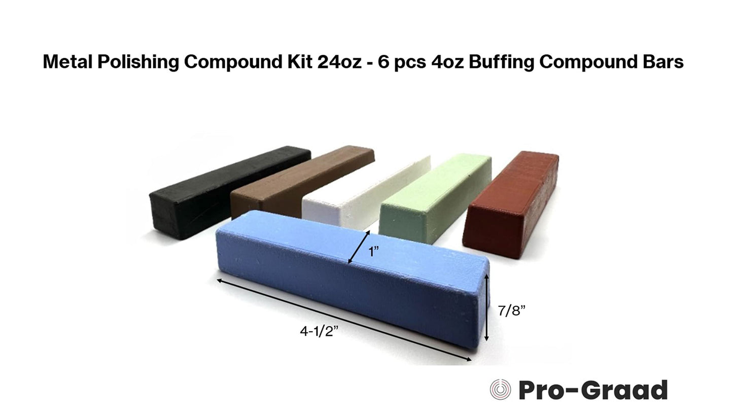 Pro-Graad Metal Polishing Compound Kit 24oz - 6 pc Buffing Compound Bars 4 oz each. Set includes: Black Emery Compound, Brown Tripoli, White Rouge, General Green, Red Jewelers Rouge, All Purpose Blue