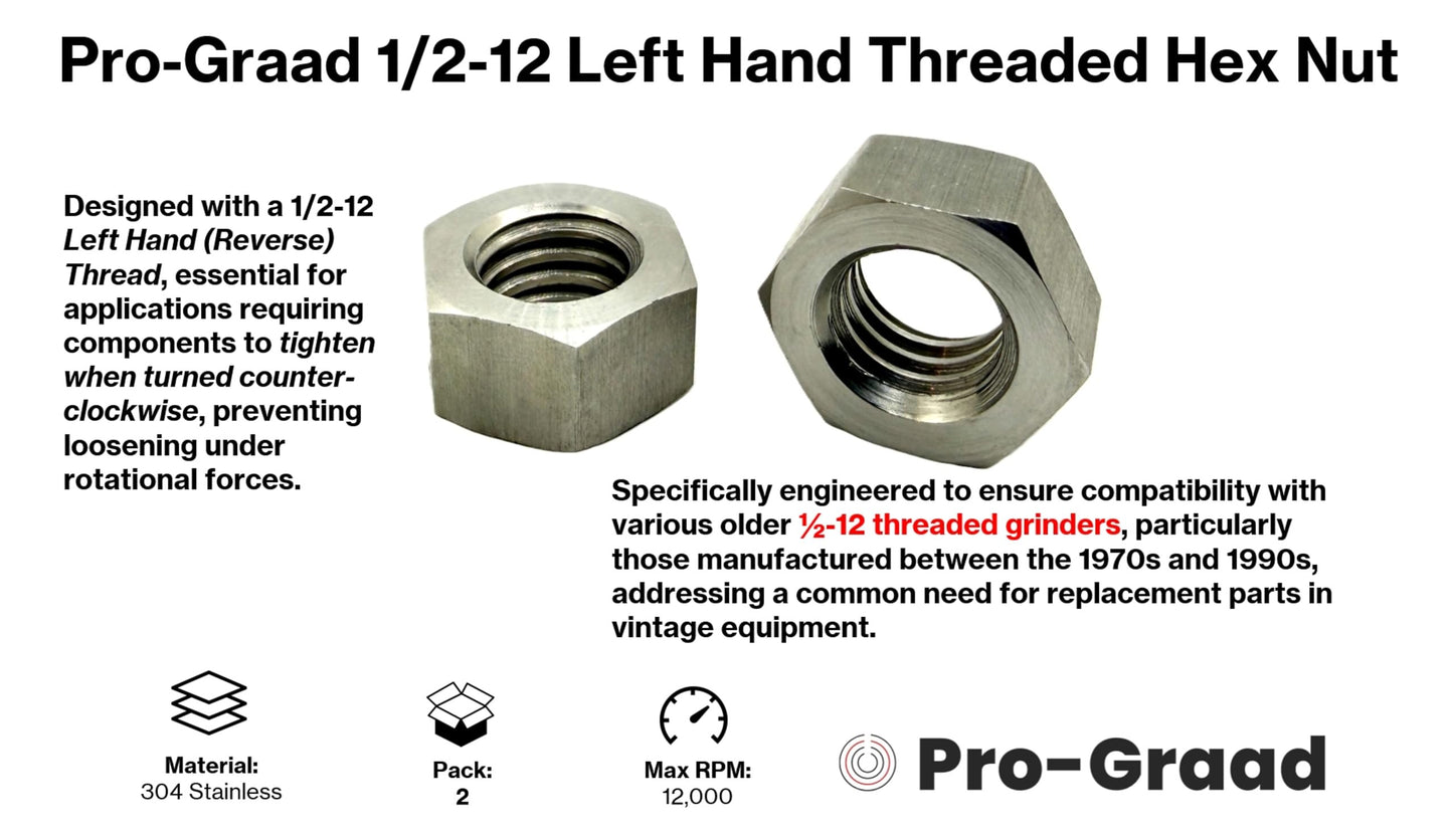 Pro-Graad 1/2-12 BSW Left Hand (Reverse) Thread, 304 Stainless Steel Hex Nut – Pack of 2