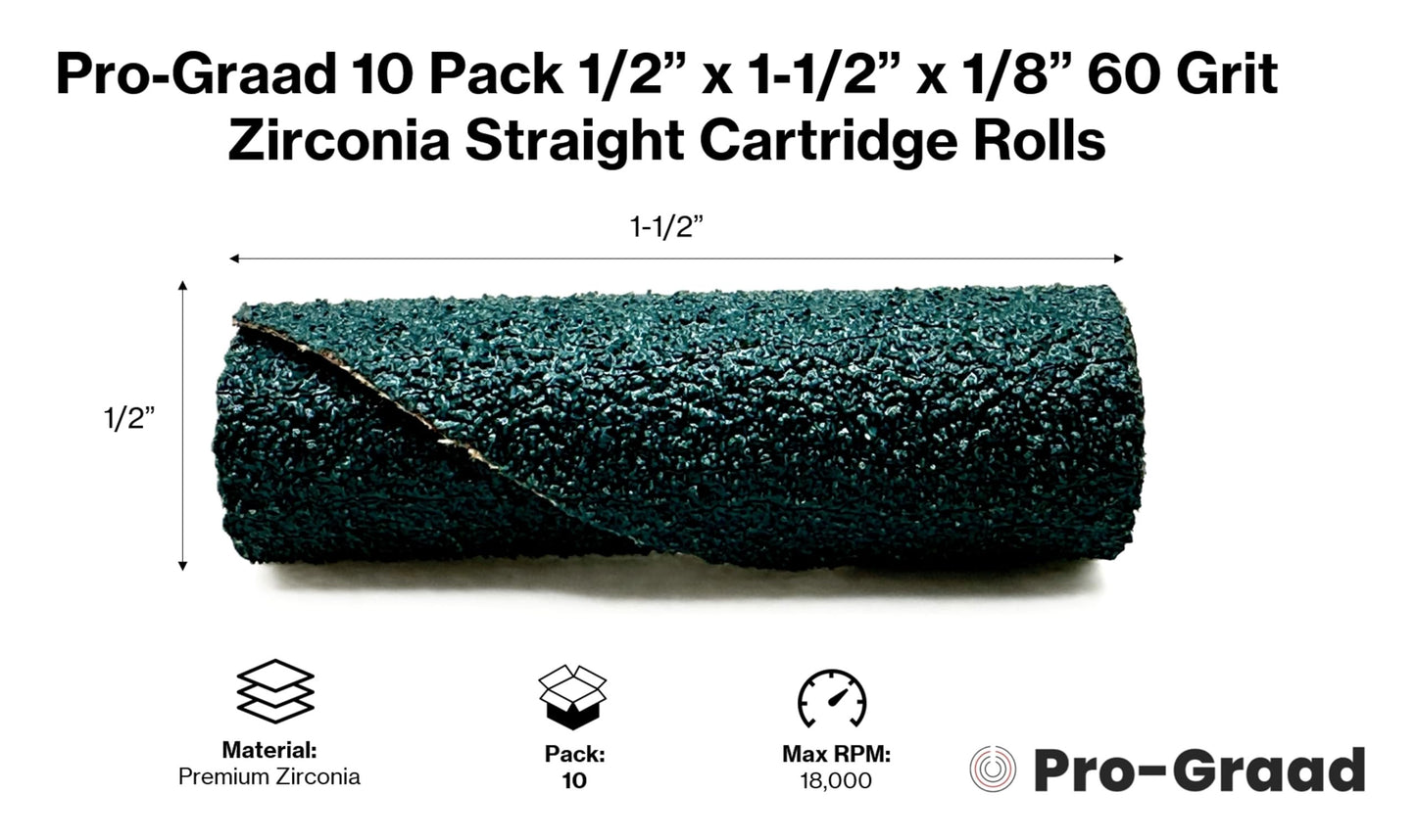 Pro-Graad 1/2” Diameter x 1-1/2” Length x 1/8” Pilot Hole 60 Grit Zirconia Straight/Untapered Cartridge Roll, 10 Pack, Includes 1x CR-9 Mandrel