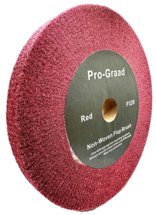Pro-Graad 10” x 1” x 1-1/4” Red Bench Grinder Polishing Wheel Flap Brush, 320 Grit, Tight Weave, Great for refurb of Golf Clubs and Metal, Non-Woven Wheel for Copper, Metal, Finishing, and Burnishing
