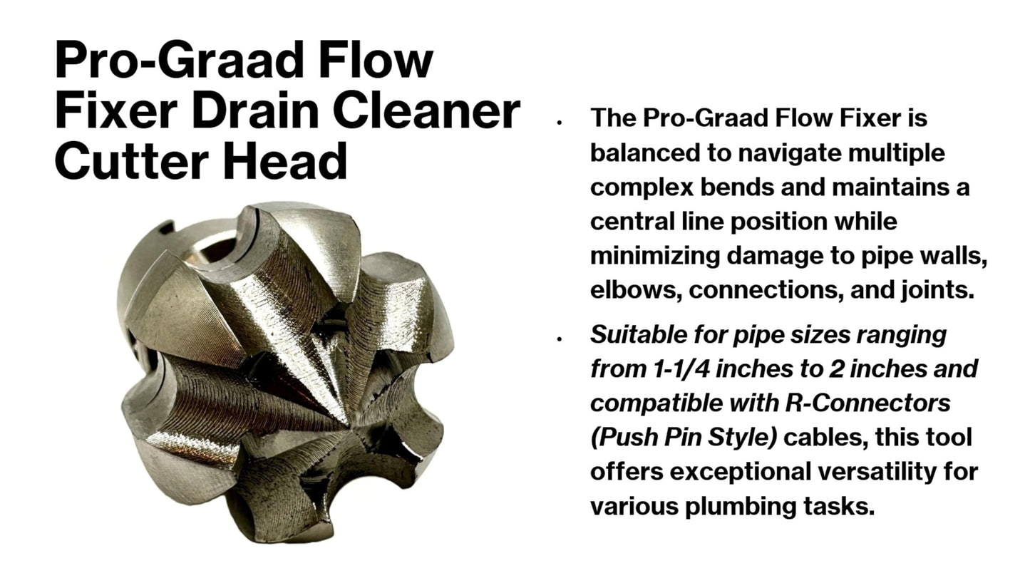 Pro-Graad 1” Flow Fixer Drain Cleaner Plumbing Snake Cutter Head for 1-1/4" - 2" Pipes, Clears & Scrapes Pipe Inner Walls, with R-Connector (Push Pin Fitting), for Commercial & Residential Use