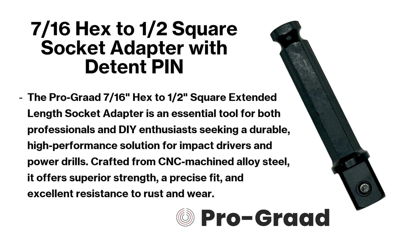 Pro-Graad 7/16 Hex to 1/2 Square Socket Adapter Drive Converter, Impact Driver Bit, Detent PIN, 2.5” Extension, 7/16” to 1/2” Impact Adapter, Works with 7/16inch Impact Driver & 1/2inch Electric Drill