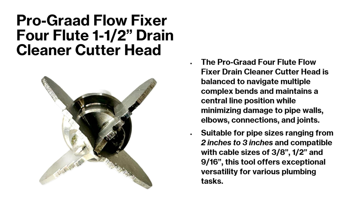Pro-Graad 1.6” Spear 4 Flute Flow Fixer Drain Cleaner Plumbing Snake Cutter Head for 2” – 3” Pipes, Clears & Scrapes Inner Walls, Fits 3/8” 1/2" or 9/16” Cables, Commercial & Residential Use