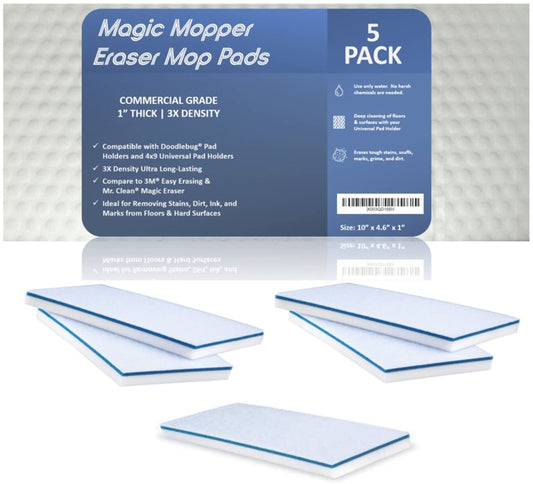 Magic Mopper 4610 Eraser Pads - 5 Pack 4.5" x 10" x 1" Commercial Grade Melamine Mop Sponges for Floor, Tile, Grout, Baseboard, Walls-Durable & Versatile Cleaning - Pack of 5