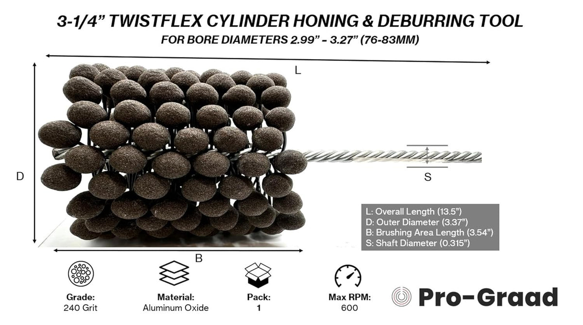 Pro-Graad TwistFlex Cylinder Hone | 3-1/4" 240AO for Block Cylinders, Valve Guides, Hydraulics, 3.25" Diameter for Hole Diameters 2.99"- 3.27" | Aluminum Oxide 240 Grit | 0.315" Shank | 13.5" Length