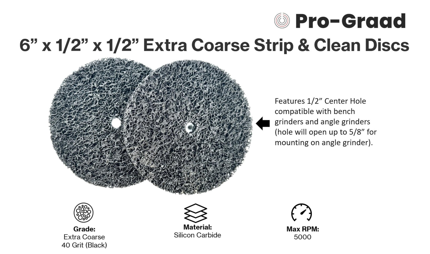 Pro-Graad 2 Pack 6” x 1/2” x 1/2" Strip & Clean Disc, Silicon Carbide Extra Coarse Cleaning Stripping Discs for Bench/Angle Grinder, Remove Paint Coatings Corrosion Rust Weld Cleanup, Black, Pack of 2
