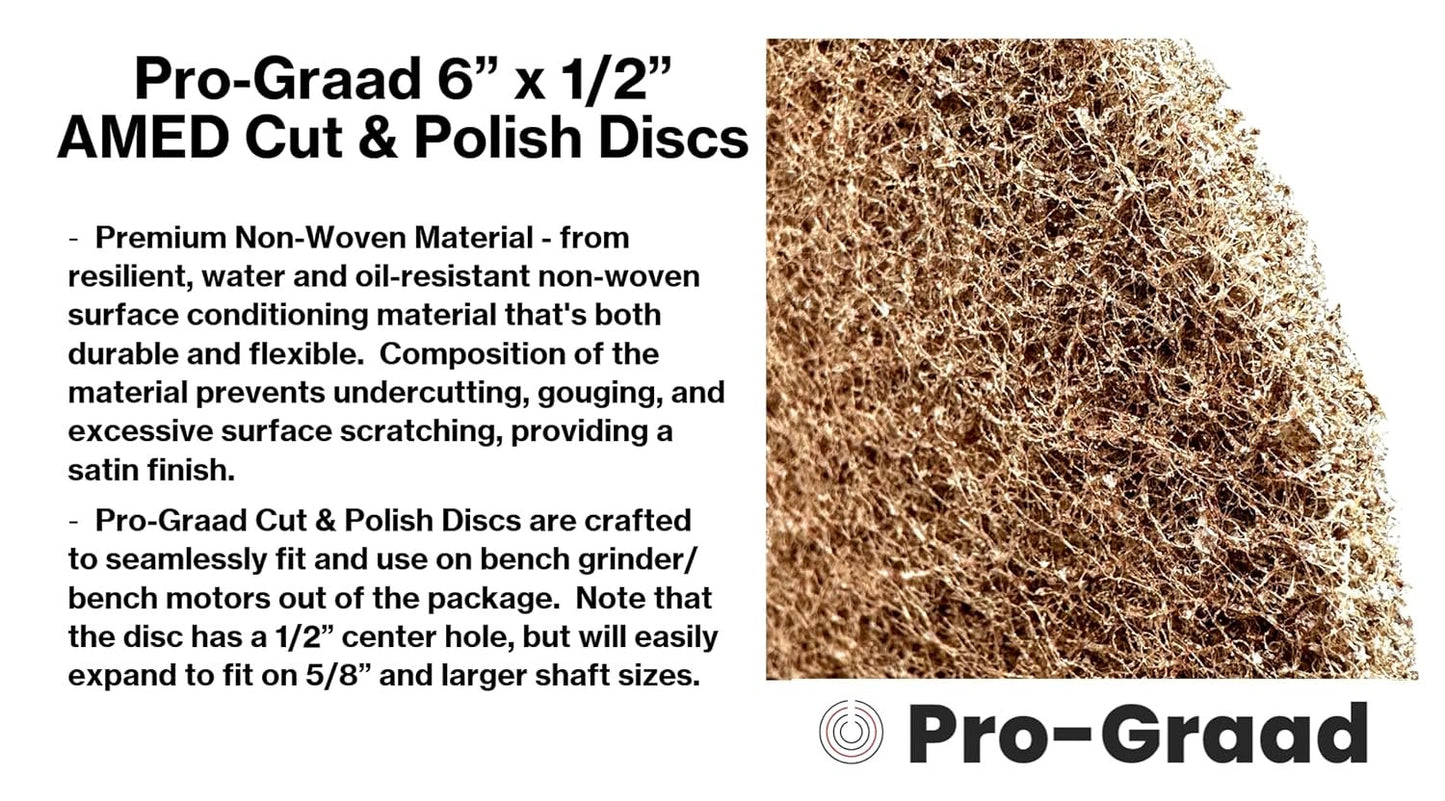 Pro-Graad 4 Pack 6” x 1/2” Medium (P150) Cut & Polish Discs, Aluminum Oxide Non-Woven Discs for Satin Finishing, Blending, Cleaning, 00828, Pack of 4