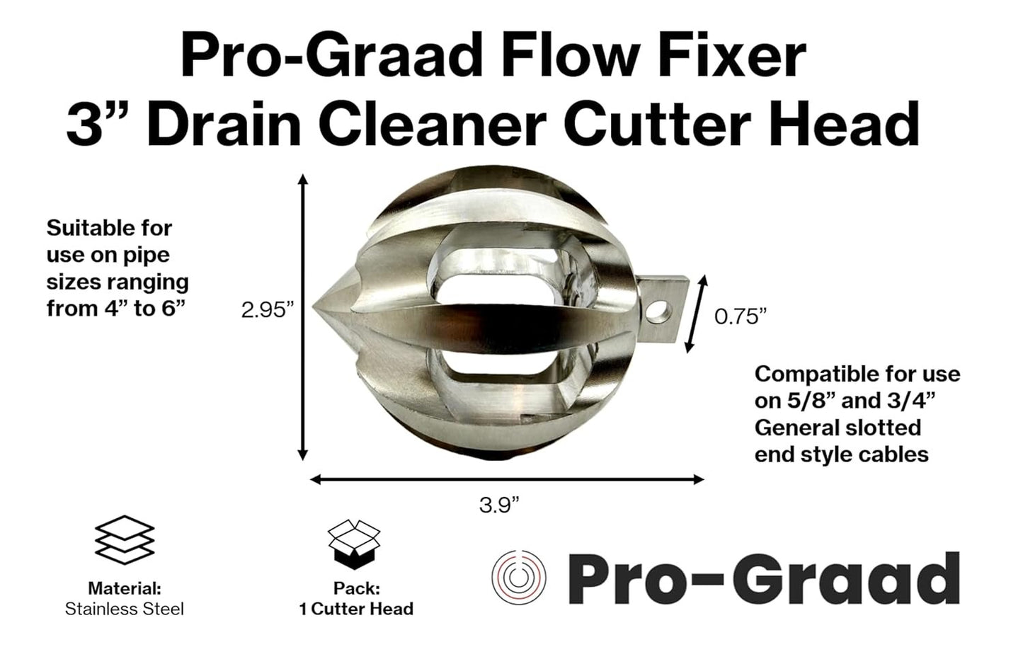 Pro-Graad Flow Fixer 3" Drain Cleaner Plumbing Snake Cutter Head for 4" – 6” Pipes, Clears & Scrapes Pipe Inner Walls, Fits 5/8” & 3/4" Cables, for Commercial & Residential Use
