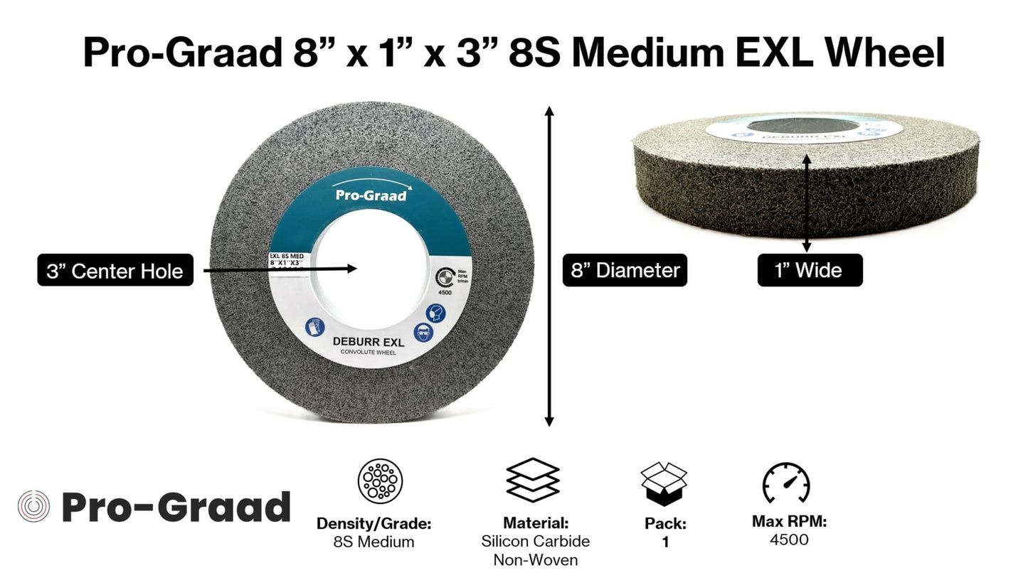 Pro-Graad EXL Deburring Wheel - 8" x 1" x 3" 8S Medium Grit - Silicon Carbide - Metal Deburring, Finishing and Polishing Wheel - Convolute - 18279 - (1 Pack)