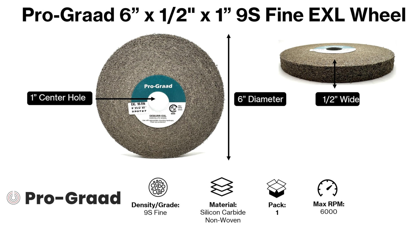 Pro-Graad EXL Deburring Wheel - 6" x 1/2" x 1" 9S Fine Grit - Silicon Carbide - Metal Deburring, Finishing and Polishing Wheel - Convolute - 05790 - (1 Pack)