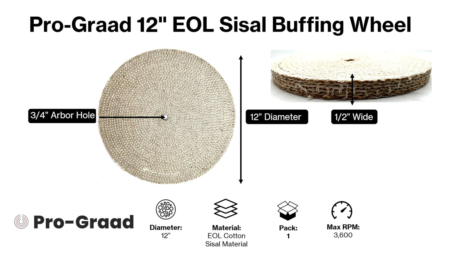 Pro-Graad 12" EOL Sisal Buffing Wheel, 12 inch x 11 Ply - 1/2 inch Thick x 3/4 inch Arbor Hole, Firm Sisal Spiral Sewn Buff for Buffer, Ideal for Coarse Cut First Step Buffing – Pack of 1