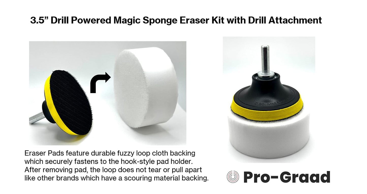 3.5” Drill Powered Magic Sponge Eraser 6 Pieces Kit with Drill Attachment | 25% Thicker Ultra Durable Melamine Cleaning Eraser Pads for Bathroom Kitchen Floors Walls Baseboards Crayon Marker and more