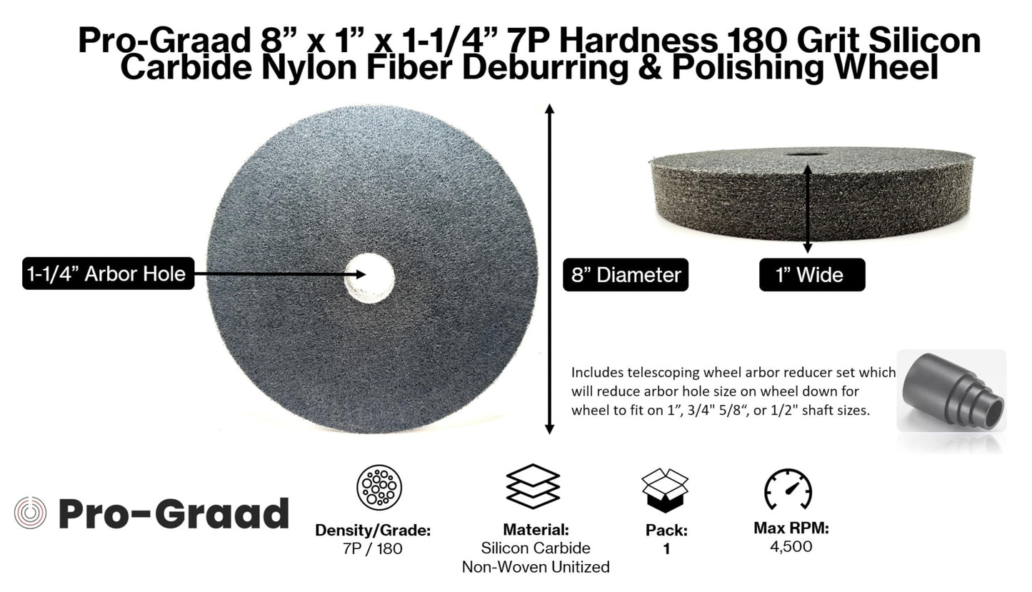 Pro-Graad Nylon Fiber Deburring Wheel 8" x 1" x 1-1/4" 7P Hardness 180Grit Silicon Carbide Brushed Polishing Buffing Unitized Wheel for Bench Grinder Buffing Machine with Adapter for 1/2 5/8 3/4 Arbor