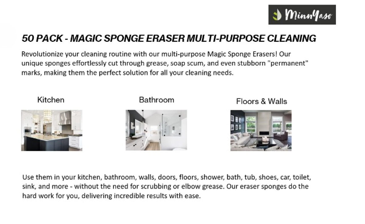 MinnYaso Magic Sponge Cleaning Eraser 3.94" x 2.36" x 0.79" | Multi-Purpose Household Cleaning | Magic Sponge Cleaning Eraser for Home, Office, Kitchen, Bathroom, Sink, Doors, Floors, Baseboard, Walls