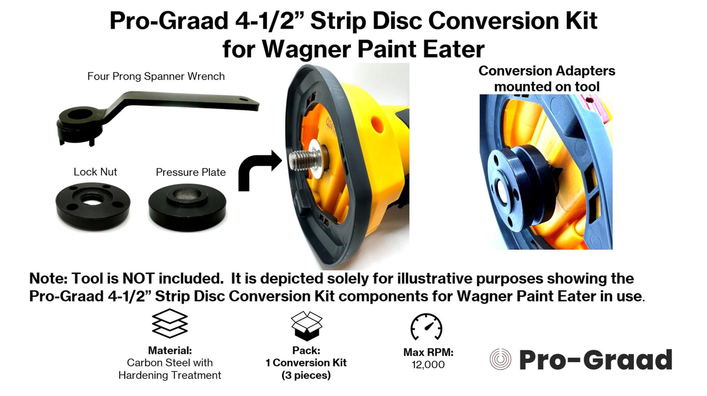 Universal Strip Disc Conversion Kit for Wagner PaintEater - Pro-Graad Adapter with Lock Nut & Wrench - Upgrade for 4.5” x 7/8” Stripping Wheel Compatibility (Conversion Kit with 4-Prong Wrench)