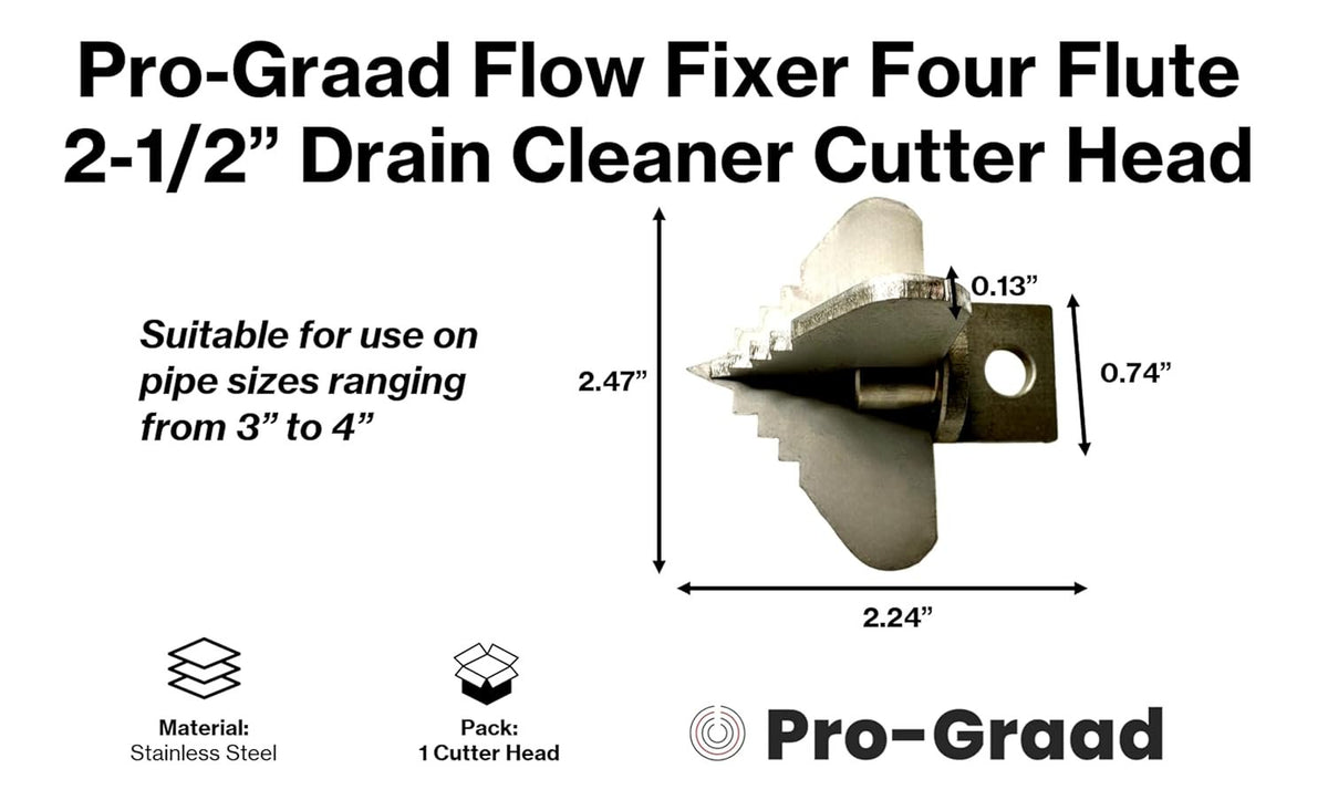 Pro-Graad 2-1/2” Spear 4 Flute Flow Fixer Drain Cleaner Plumbing Snake Cutter Head for 3” – 4” Pipes, Clears & Scrapes Inner Walls, Fits 3/8” 1/2" or 9/16” Cables, Commercial & Residential Use