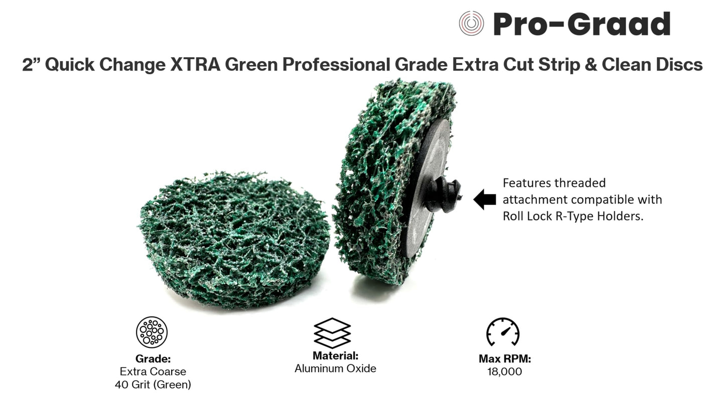 Pro-Graad 10 Pack 2" XT PRO Extra Cut Clean & Strip Disc, Roll Lock Quick Change, Green Professional Grade, Extra Coarse, Remove Heavy Rust Paint Corrosion, 21543