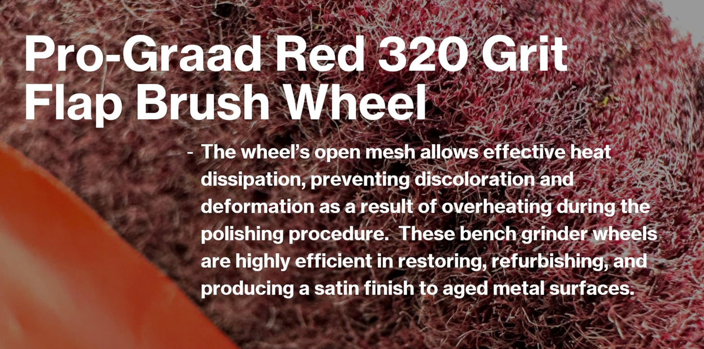 Pro-Graad 6” x 1/2” x 1” Arbor Red Bench Grinder Polishing Flap Wheel, 320 Grit, Tight Weave, Great for refurbishing golf clubs and metal, Non-Woven Wheel for Copper, Metal, Finishing & Burnishing