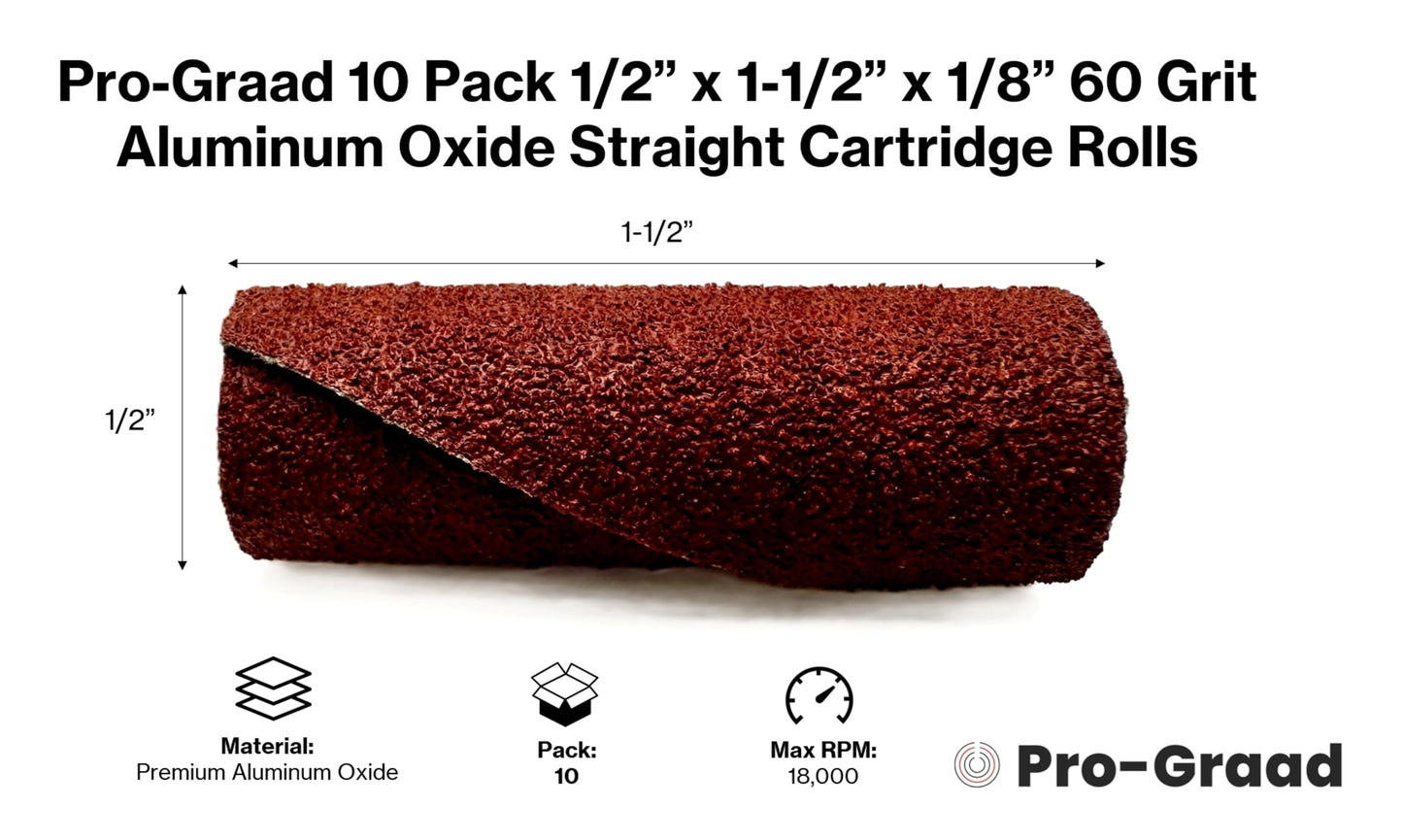Pro-Graad 1/2” Diameter x 1-1/2” Length x 1/8” Pilot Hole 60 Grit Aluminum Oxide Straight/Untapered Cartridge Roll 10 Pack, Includes 1x CR-9 Mandrel
