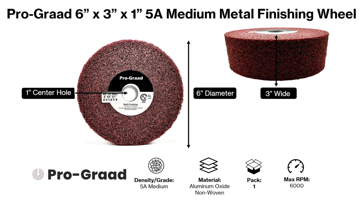 Pro-Graad Metal Finishing Wheel – 6” x 3” x 1” 5A Medium Grit – Aluminum Oxide – Maroon Metal Finish Convolute Wheel – for #3 & #4, Brush, Satin and Mill Finishes – 13456 - Pack of 1
