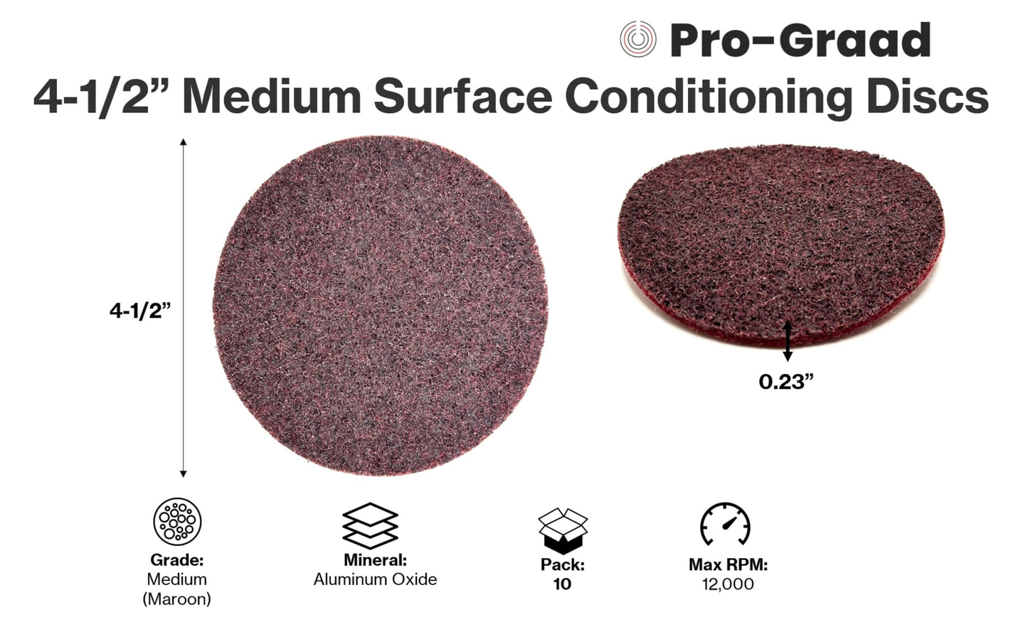 Pro-Graad 4-1/2" AMED Hook & Loop Surface Conditioning Discs, 10 Pack, Maroon, Medium Grit - Aluminum Oxide, for Metal Surface Prep Sanding Polishing Deburring Cleaning - Easy Attachment, 14100