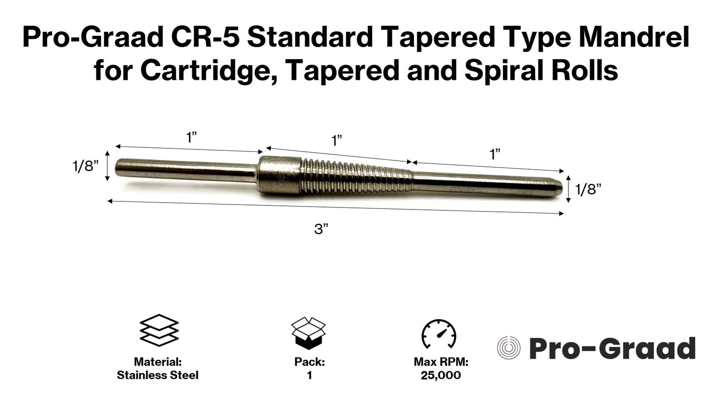 Pro-Graad CR-5 1/8” Shank Stainless Steel Cartridge Roll Mandrel, Standard Tapered Type Mandrels for Cartridge & Spiral Rolls, 3” Overall Length, 1/8x1” Shank x 1/8”x1” Pilot