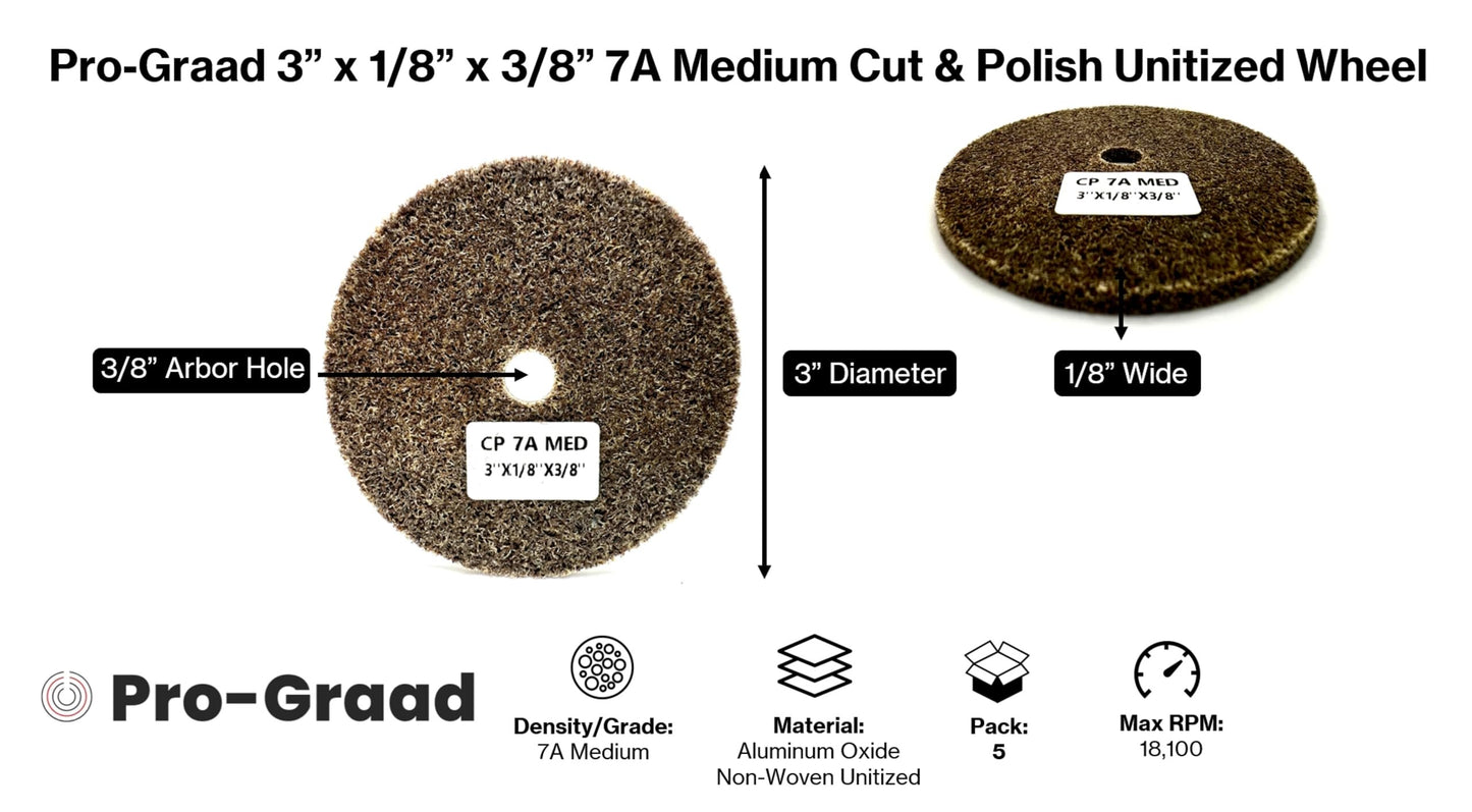 Pro-Graad 5 Pack 3” x 1/8” x 3/8” 7A MED Cut & Polish Unitized Wheel – durable, aggressive for tough blending, finishing & deburring stainless, carbon steel & high-nickel alloys, 17250